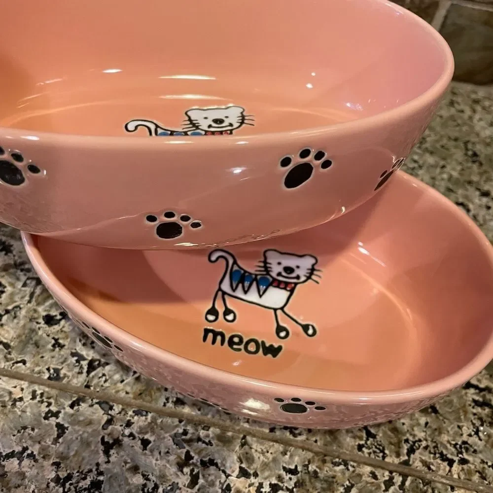 Pet Rageous Adorable Peach Ceramic Cat Bowls set of 2